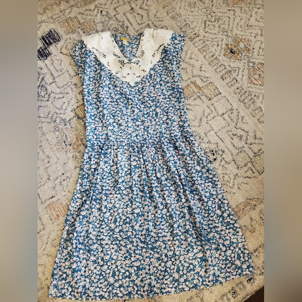Vintage Cottagecore Blue Floral Dress L